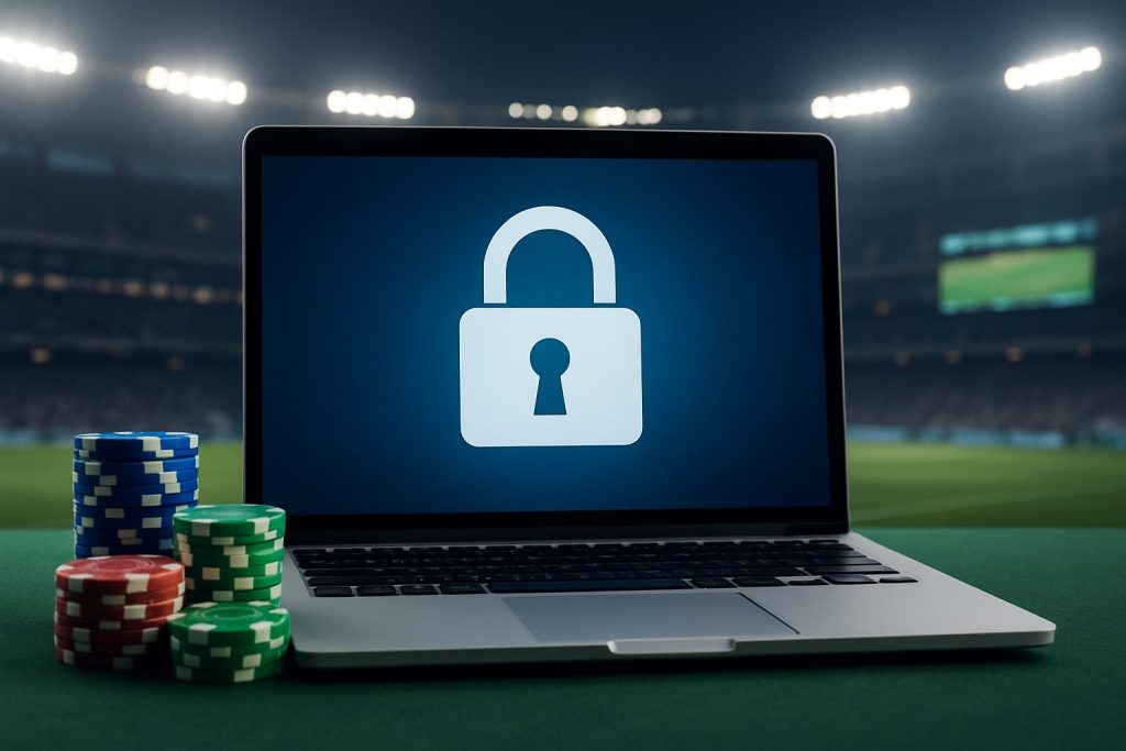 A locked padlock symbol displayed on a laptop screen next to stacks of poker chips, set in a gaming environment.