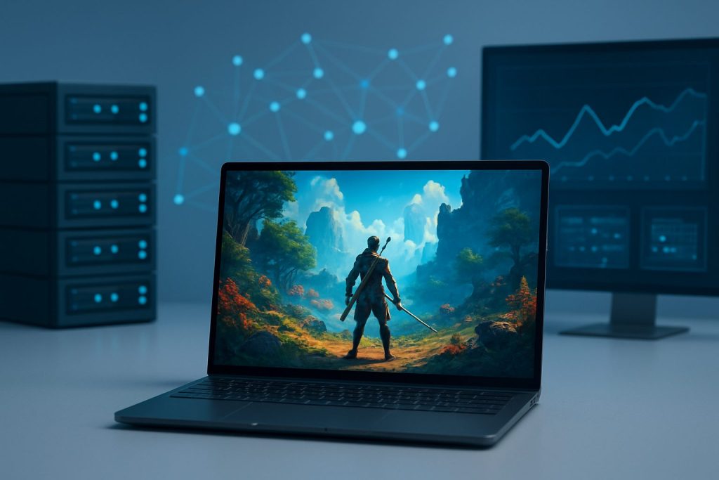 A laptop displaying a vibrant digital landscape scene from a video game, with colorful trees and mountains, surrounded b