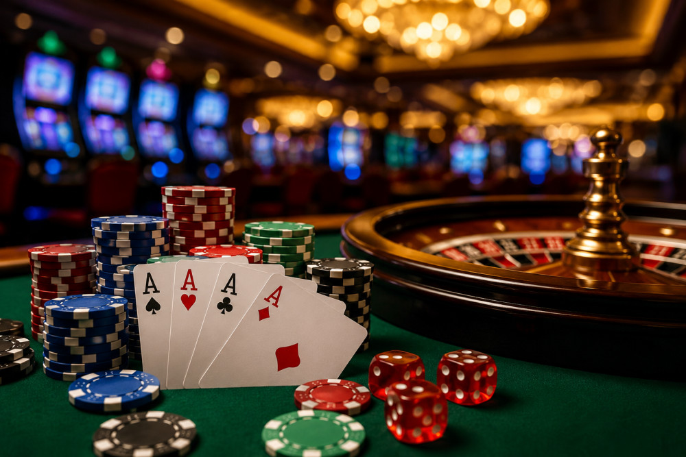 Close-up of poker cards and chips on a green felt table with a roulette wheel in the background.